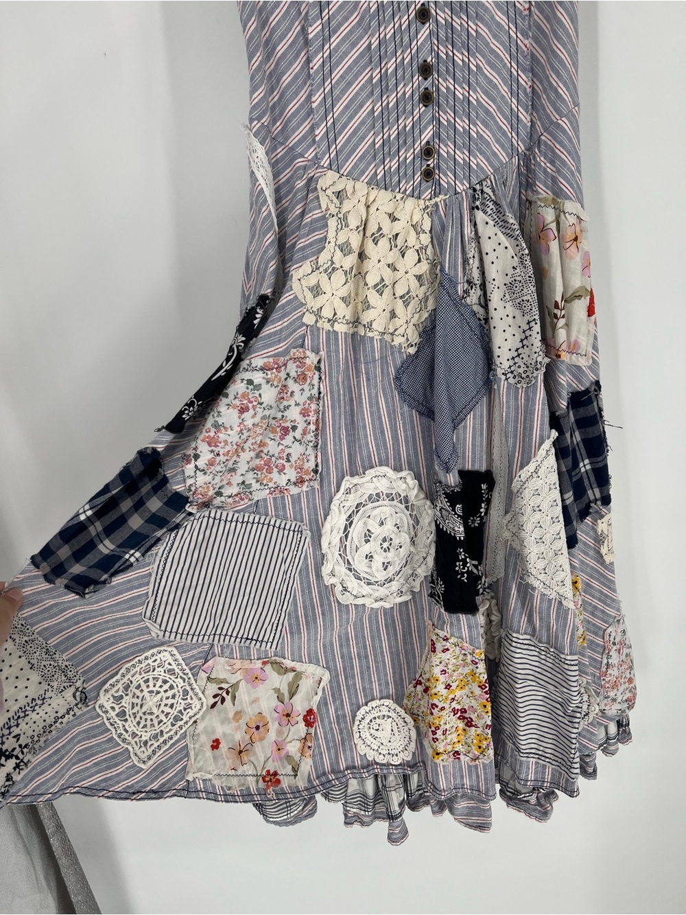 Pilcro Patchwork Upcycled Striped Sleeveless Ruffle Bohemian Prairie Midi Dress - Picture 2 of 9